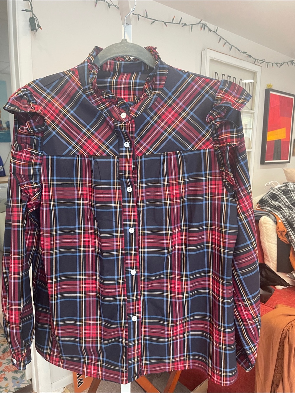 Women’s Navy and Red Plaid Ruffle-Shoulder Button-Down Shirt